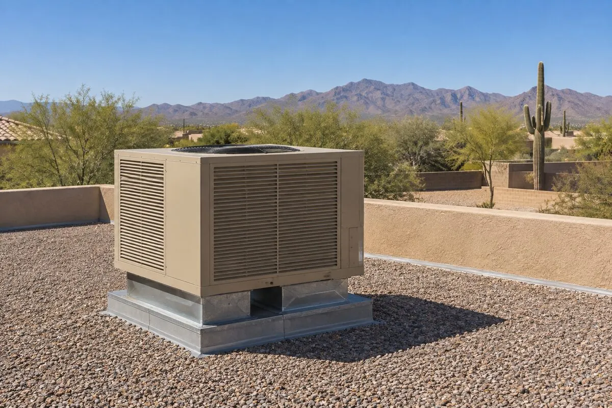 Packaged rooftop air conditioning unit on the flat gravel roof of a single-story house in the East Valley, Arizona