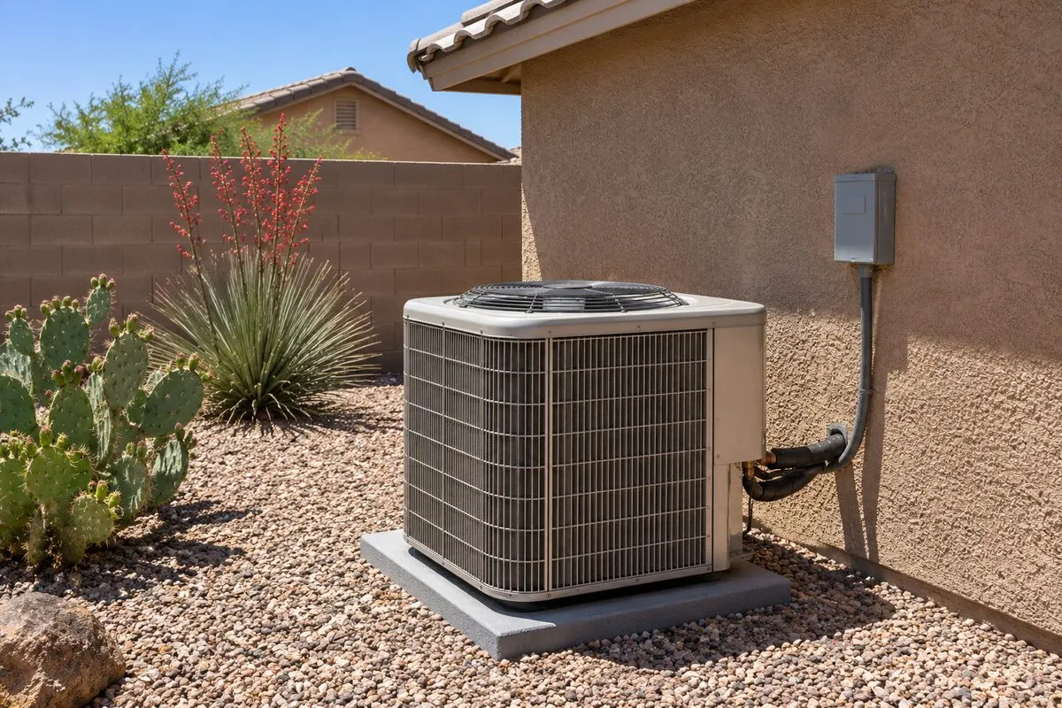 Outdoor condenser of a residential split system on a gravel pad beside a stucco house in the East Valley